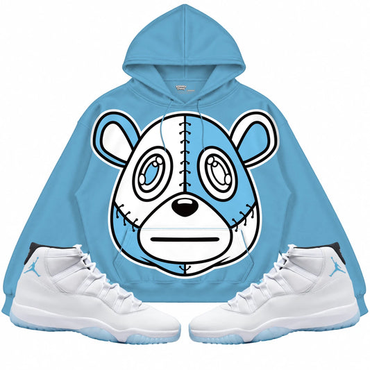 Rebranded Studios Rebranded Bear Air Jordan 11 Legend Blue Collection light blue hoodie — front with sneakers