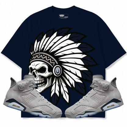 Rebranded Studios Chief 2.0 Air Jordan Retro 6 Georgetown Dark Navy Blue shirt — front with sneakers
