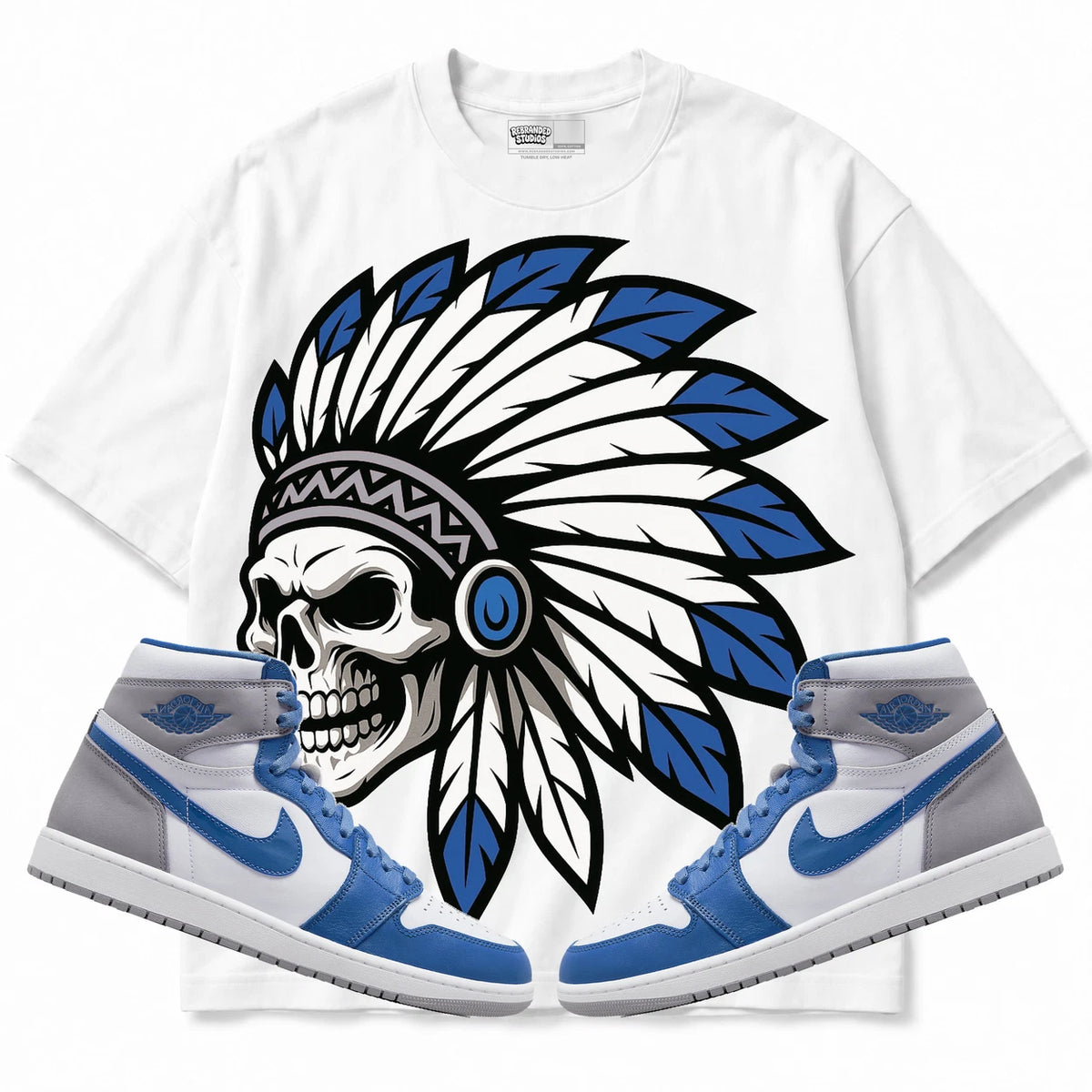 Rebranded Studios Chief 2.0 Air Jordan Retro 1 True Blue White shirt — front with sneakers