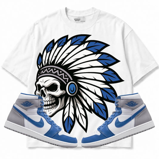 Rebranded Studios Chief 2.0 Air Jordan Retro 1 True Blue White shirt — front with sneakers