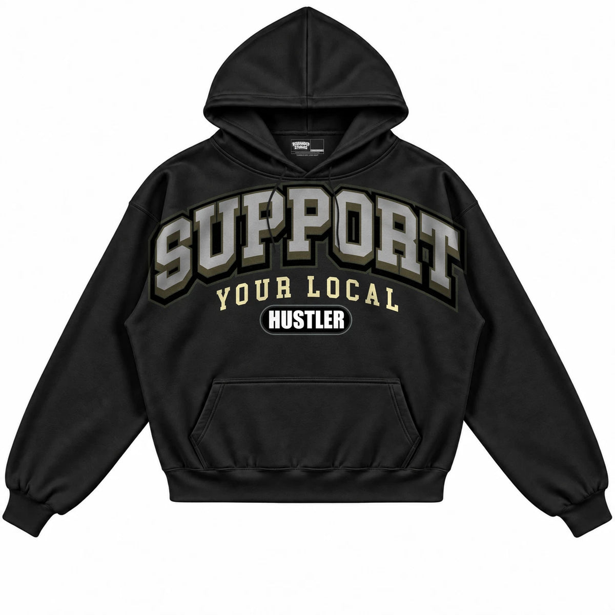 Rebranded Studios Support Your Local Hustler Air Jordan 4 Craft "Olive" Black hoodie — front