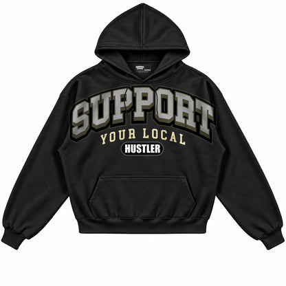 Rebranded Studios Support Your Local Hustler Air Jordan 4 Craft "Olive" Black hoodie — front
