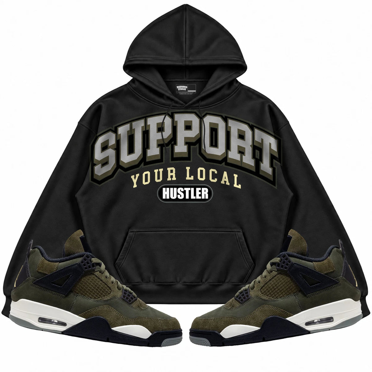 Rebranded Studios Support Your Local Hustler Air Jordan 4 Craft "Olive" Black hoodie — front with sneakers