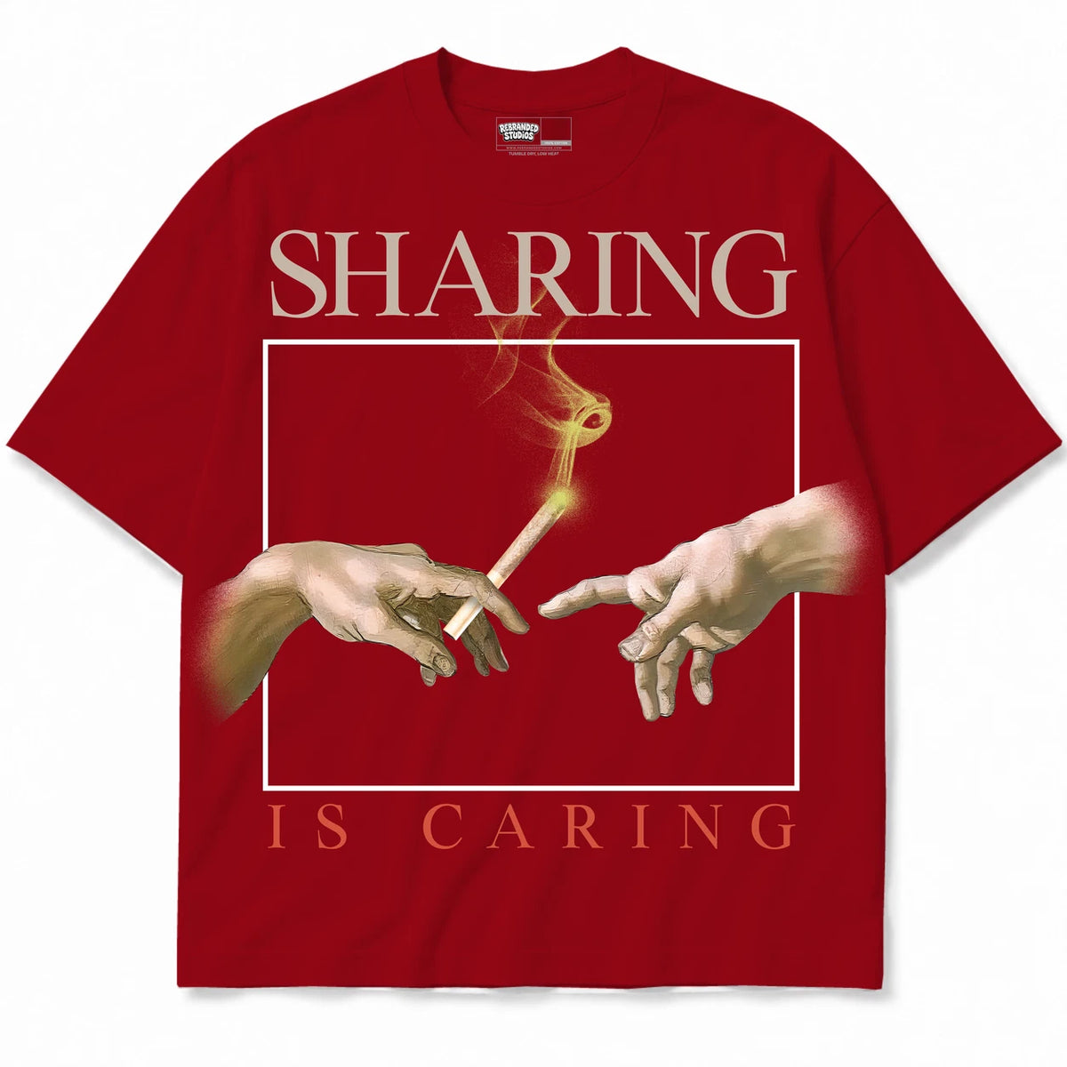 Rebranded Studios Sharing Is Caring Air Jordan 4 Brick By Brick red shirt — front