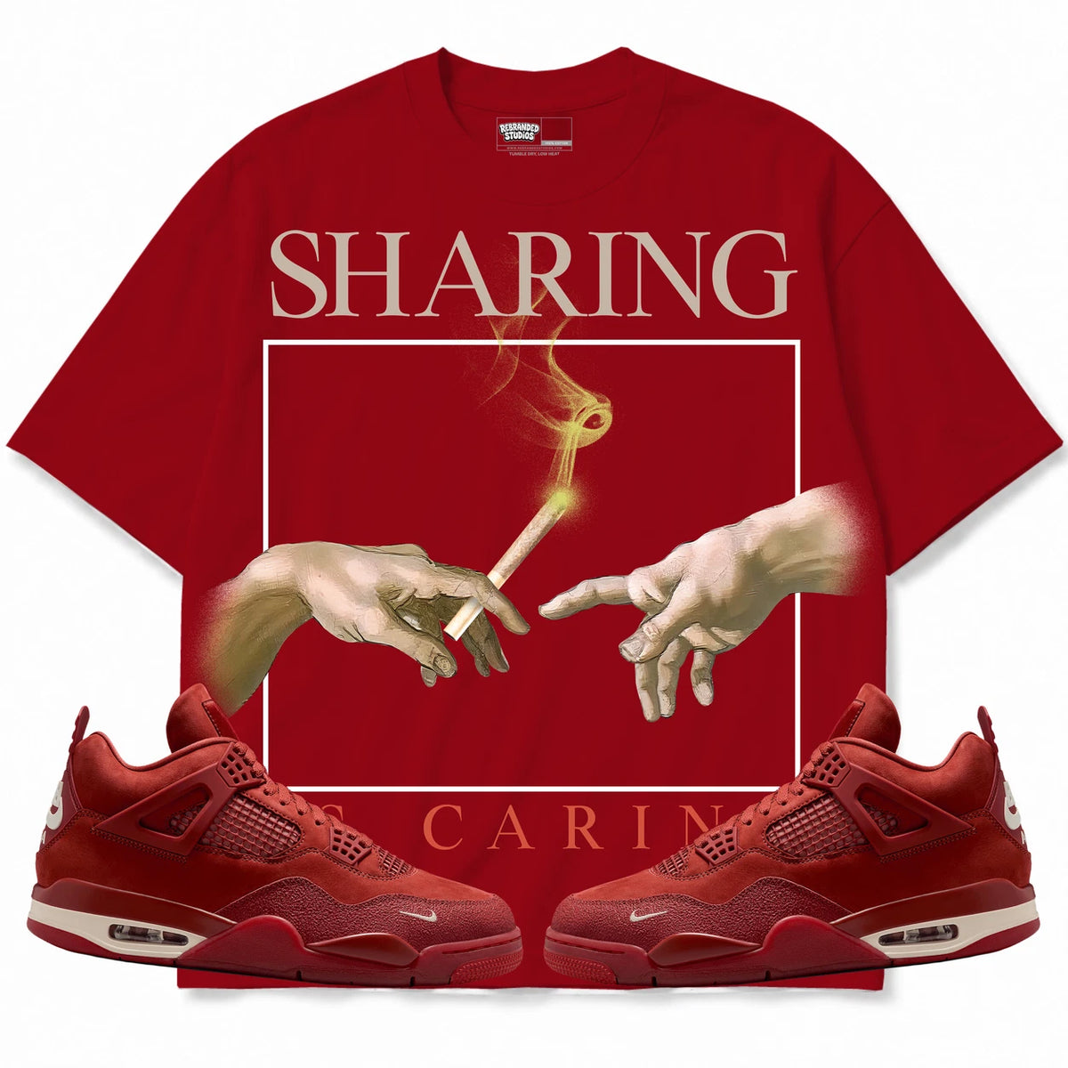 Rebranded Studios Sharing Is Caring Air Jordan 4 Brick By Brick red shirt — front with sneakers