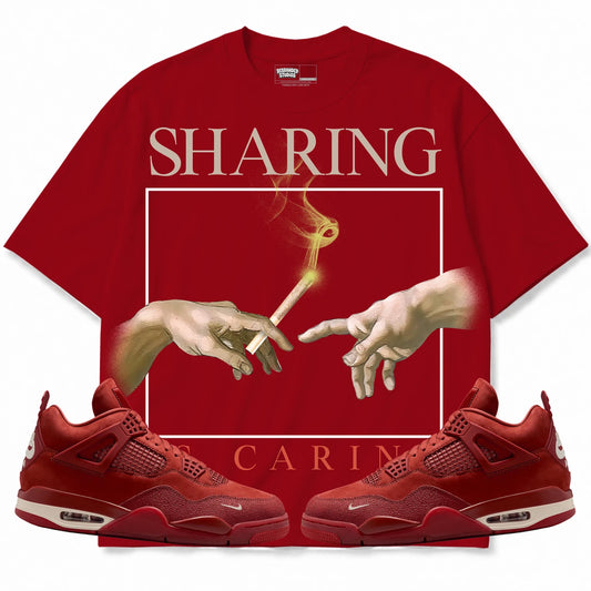 Rebranded Studios Sharing Is Caring Air Jordan 4 Brick By Brick red shirt — front with sneakers