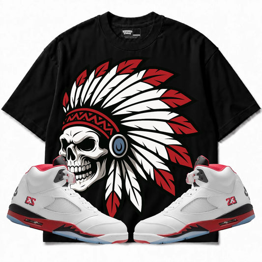Rebranded Studios Chief 2.0 Air Jordan 5 Fire Red Black shirt — front with sneakers
