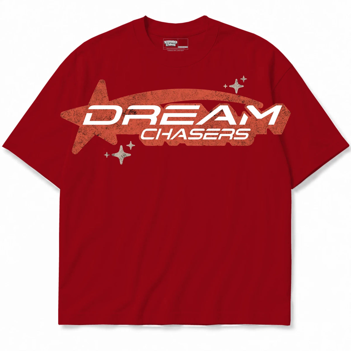 Rebranded Studios Dream Chasers — Shooting Star Air Jordan 4 Brick By Brick red shirt — front