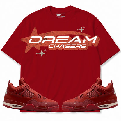 Rebranded Studios Dream Chasers — Shooting Star Air Jordan 4 Brick By Brick red shirt — front with sneakers