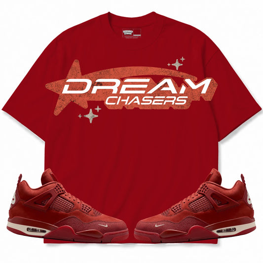 Rebranded Studios Dream Chasers — Shooting Star Air Jordan 4 Brick By Brick red shirt — front with sneakers