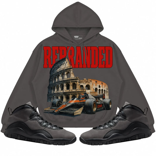 Rebranded Studios Nascar Air Jordan 10 Shadow Collection dark charcoal gray hoodie — front with sneakers