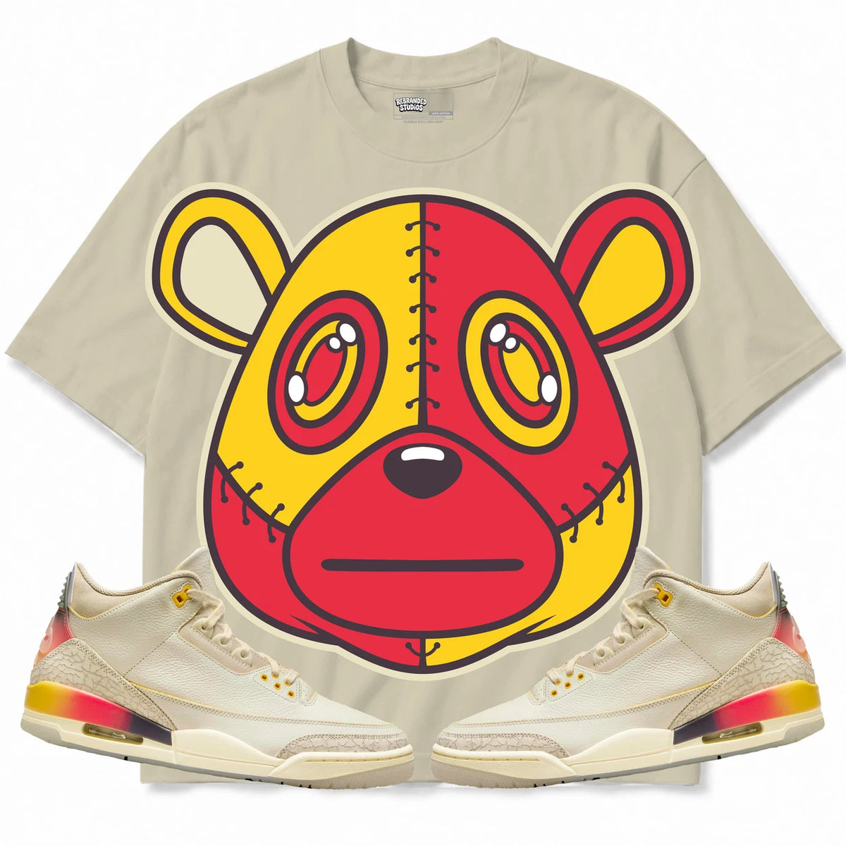 Rebranded Studios Rebranded Bear Air Jordan 3 J Balvin Medellín Sunset Collection cream beige shirt — front with sneakers