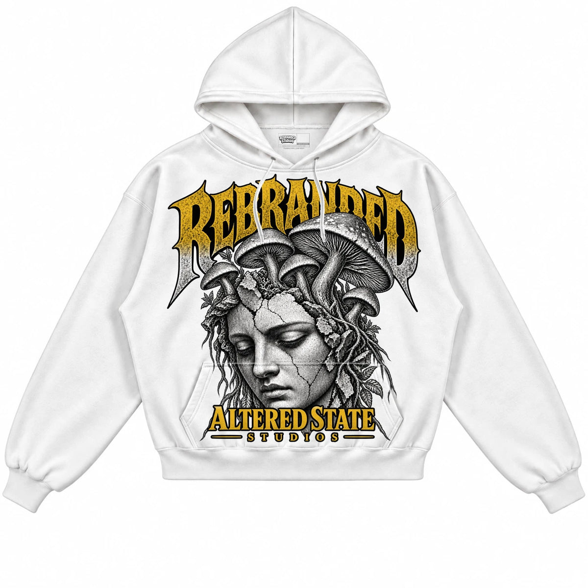 Rebranded Studios Altered State Air Jordan 4 Tour Yellow Collection white hoodie — front