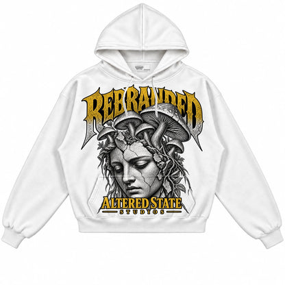 Rebranded Studios Altered State Air Jordan 4 Tour Yellow Collection white hoodie — front