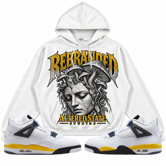 Rebranded Studios Altered State Air Jordan 4 Tour Yellow Collection white hoodie — front with sneakers