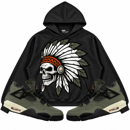 Rebranded Studios Chief 2.0 Air Jordan 4 Undefeated Black hoodie — front with sneakers