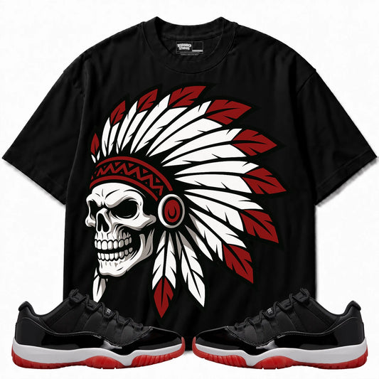 Rebranded Studios Chief 2.0 Air Jordan 11 Low Bred Black shirt — front with sneakers