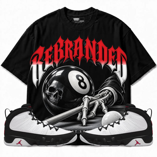 Rebranded Studios Last Shot Air Jordan 9 OG Space Jam Collection black shirt — front with sneakers