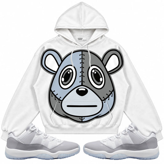 Rebranded Studios Rebranded Bear Air Jordan 11 Cement Grey Collection white hoodie — front with sneakers