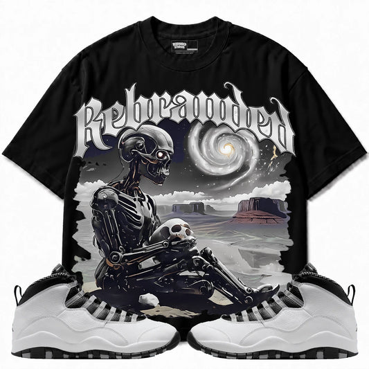 Rebranded Studios Rebranded Future Air Jordan 10 Steel Black shirt — front with sneakers