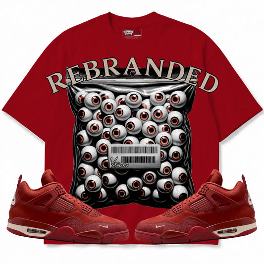 Rebranded Studios Vision Air Jordan 4 Brick By Brick red shirt — front with sneakers