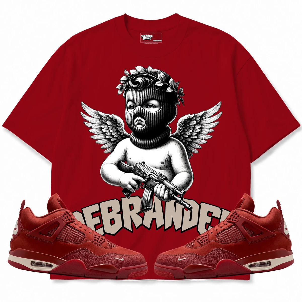 Rebranded Studios Angel Air Jordan 4 Brick By Brick red shirt — front with sneakers