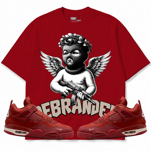 Rebranded Studios Angel Air Jordan 4 Brick By Brick red shirt — front with sneakers