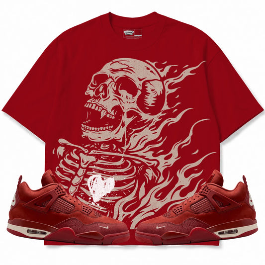 Rebranded Studios Club 2.0 Air Jordan 4 Brick By Brick red shirt — front with sneakers
