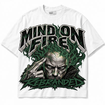 Rebranded Studios Mind on Fire Air Jordan 14 Forest Green Collection white shirt — front