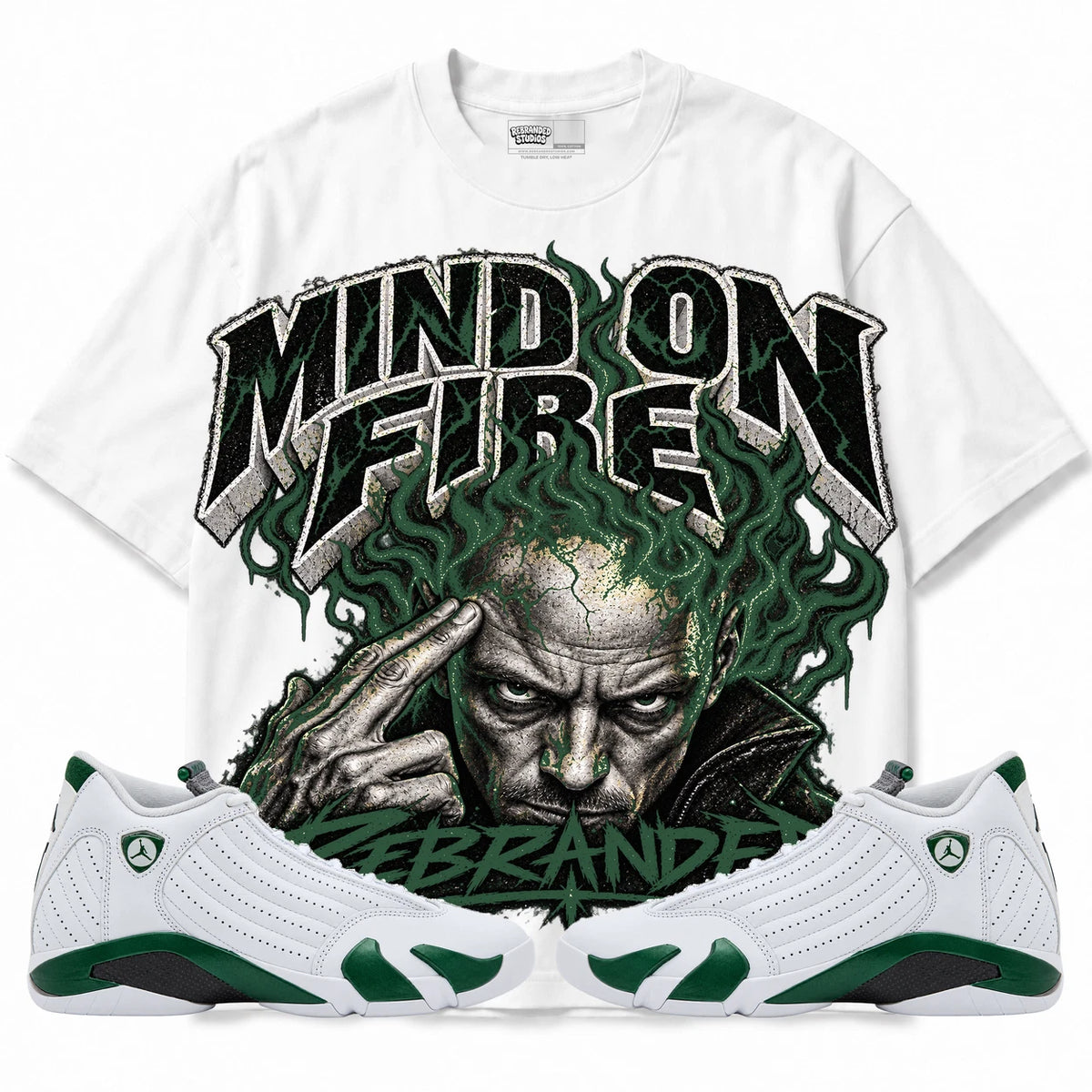 Rebranded Studios Mind on Fire Air Jordan 14 Forest Green Collection white shirt — front with sneakers