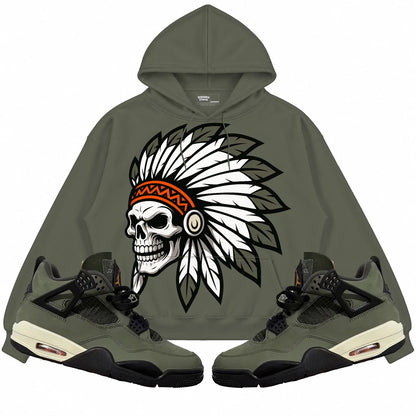 Rebranded Studios Chief 2.0 Air Jordan 4 Undefeated olive hoodie — front with sneakers