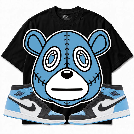 Rebranded Studios Rebranded Bear Air Jordan 1 High OG UNC Toe Black shirt — front with sneakers