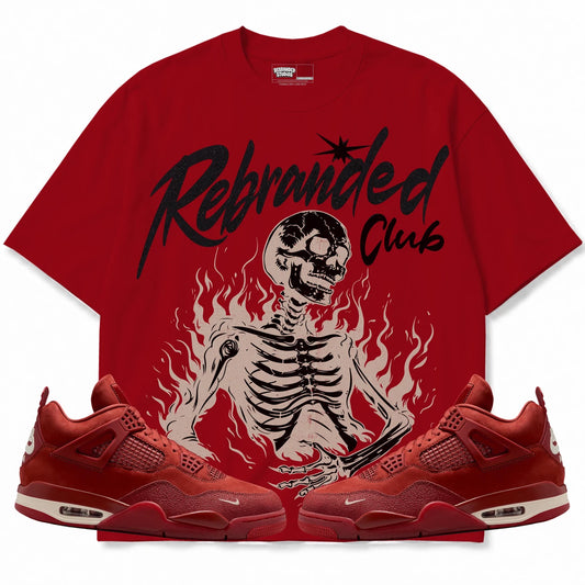 Rebranded Studios Club 2.0 Air Jordan 4 Brick By Brick red shirt — front with sneakers