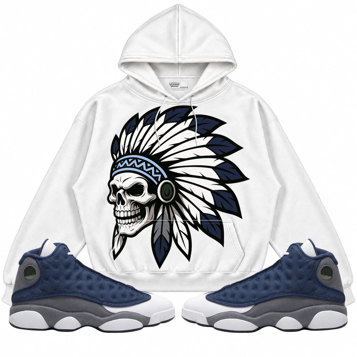 Rebranded Studios Chief 2.0 Air Jordan 13 Flint White hoodie — front with sneakers