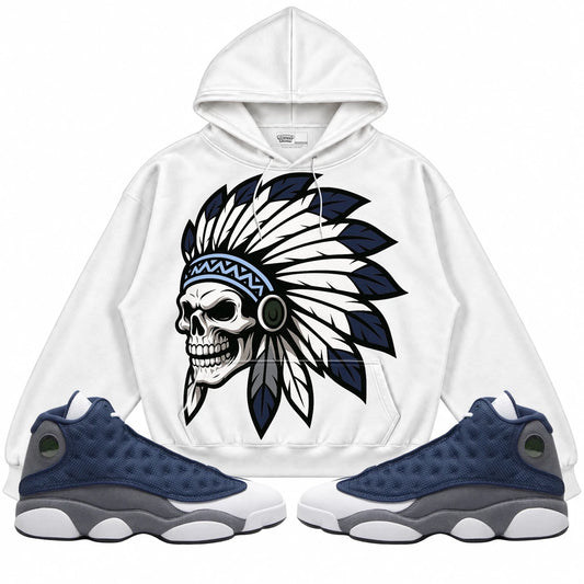 Rebranded Studios Chief 2.0 Air Jordan 13 Flint White hoodie — front with sneakers