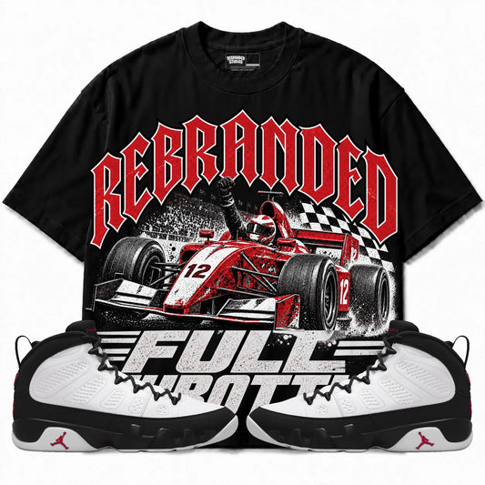Rebranded Studios Full Throttle Air Jordan 9 OG Space Jam Collection black shirt — front with sneakers