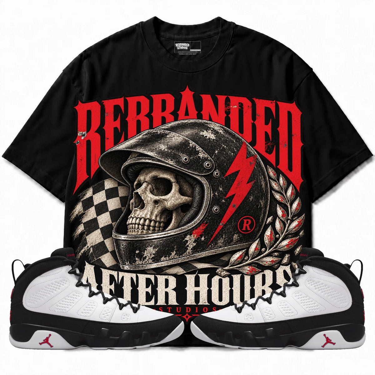 Rebranded Studios After Hours Air Jordan 9 OG Space Jam Collection black shirt — front with sneakers
