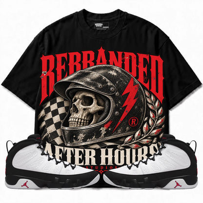 Rebranded Studios After Hours Air Jordan 9 OG Space Jam Collection black shirt — front with sneakers