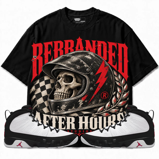 Rebranded Studios After Hours Air Jordan 9 OG Space Jam Collection black shirt — front with sneakers