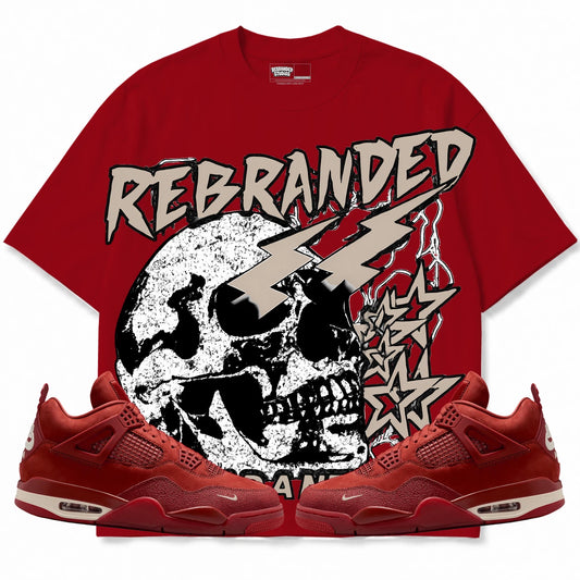Rebranded Studios Build A New You Air Jordan 4 Brick By Brick red shirt — front with sneakers