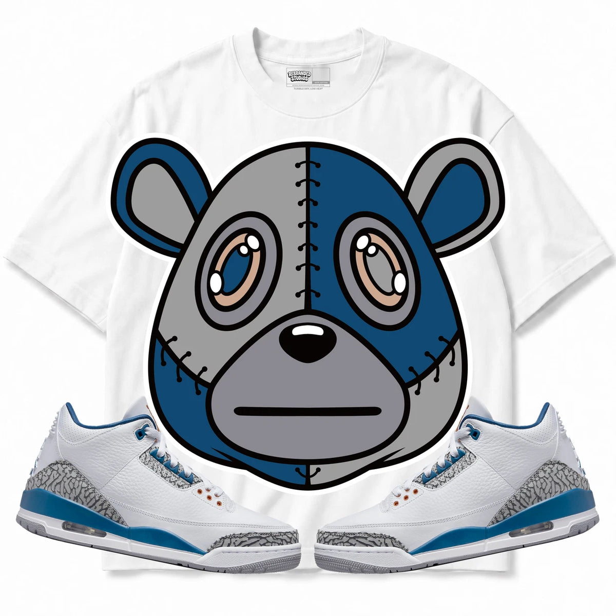 Rebranded Studios Rebranded Bear Air Jordan 3 “Wizards” PE Collection White shirt — front with sneakers