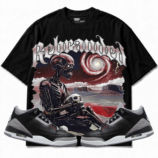 Rebranded Studios Rebranded Future Air Jordan 3 Black Cement Black shirt — front with sneakers