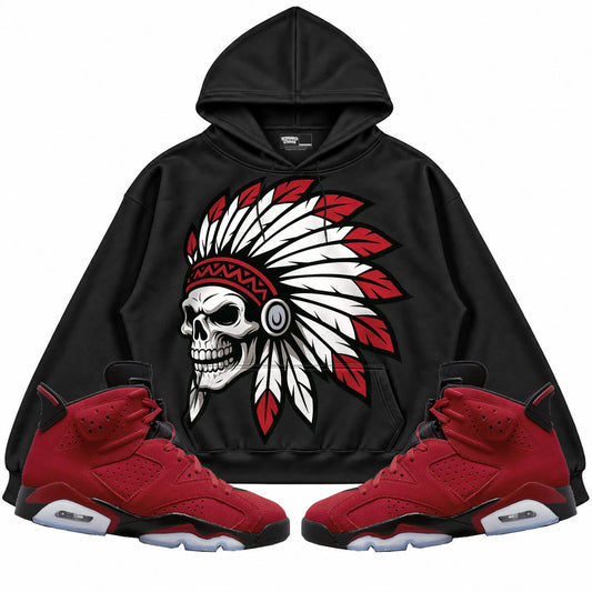 Rebranded Studios Chief 2.0 Air Jordan 6 Toro Bravo Black hoodie — front with sneakers