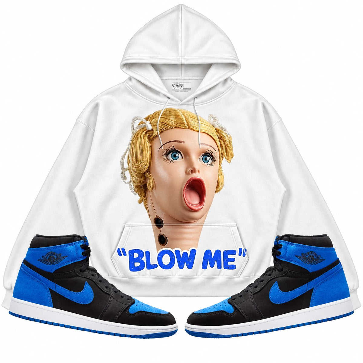 Rebranded Studios Blow Me Air Jordan 1 Royal Reimagined White hoodie — front with matching sneakers