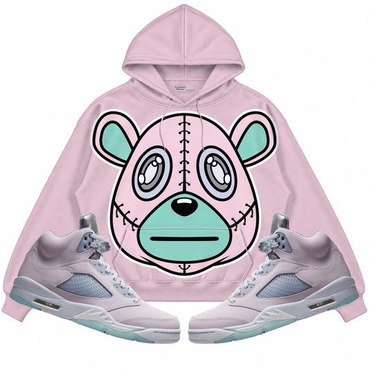 Rebranded Studios Rebranded Bear Air Jordan Retro 5 Easter/Regal Pink pastel pink hoodie — front with sneakers