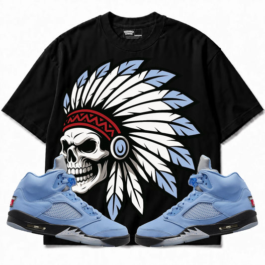 Rebranded Studios Chief 2.0 Air Jordan 5 UNC Collection Black shirt — front with sneakers