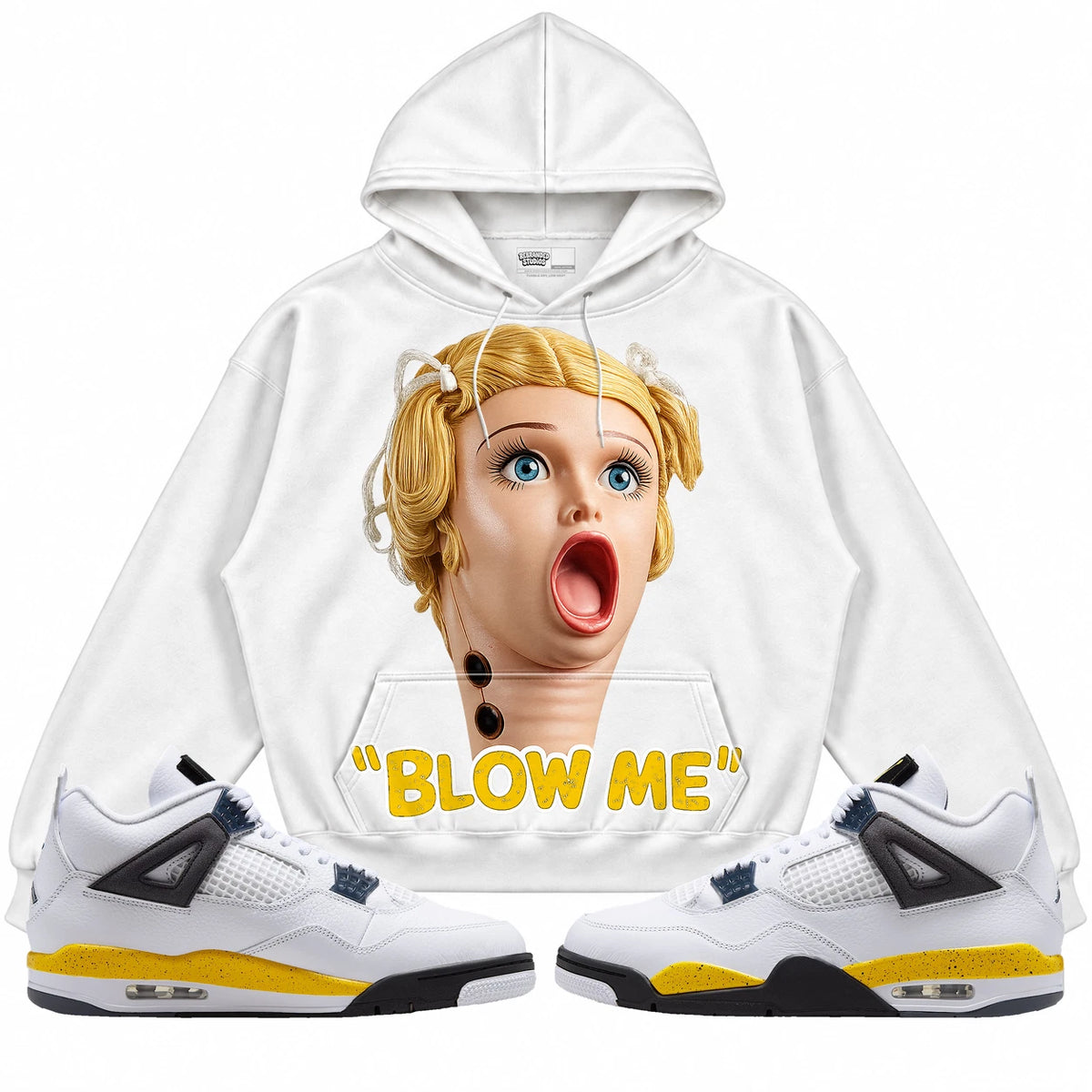Rebranded Studios Blow Me Air Jordan 4 Tour Yellow white hoodie — front with sneakers