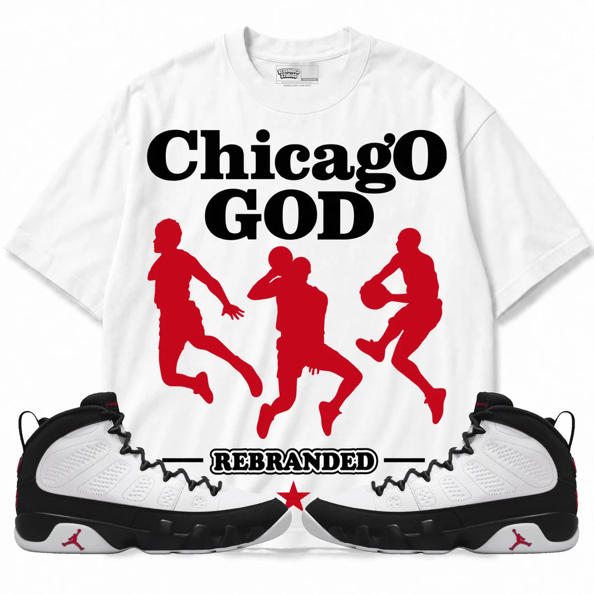 Rebranded Studios Chicago God Air Jordan 9 OG Space Jam Collection white shirt — front with sneakers