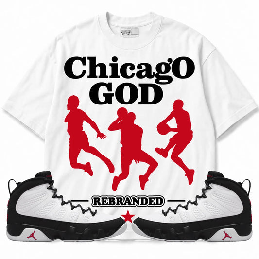 Rebranded Studios Chicago God Air Jordan 9 OG Space Jam Collection white shirt — front with sneakers