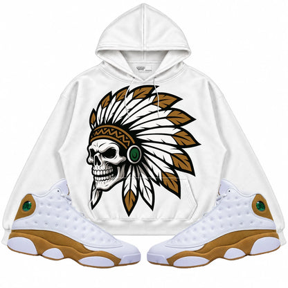 Rebranded Studios Chief 2.0 Air Jordan 13 Wheat White hoodie — front with sneakers